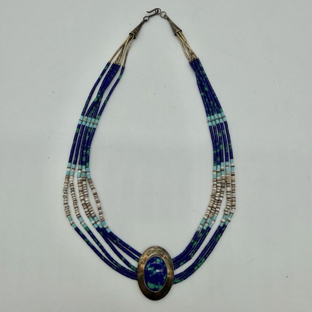 Vintage Sterling Silver Blue Green Heishi 5 Strand Necklace Cabochon Southwest